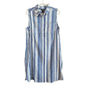 Lands' End Blue White Striped Henley A-Line Shift Linen Blend Dress Womens Sz 14